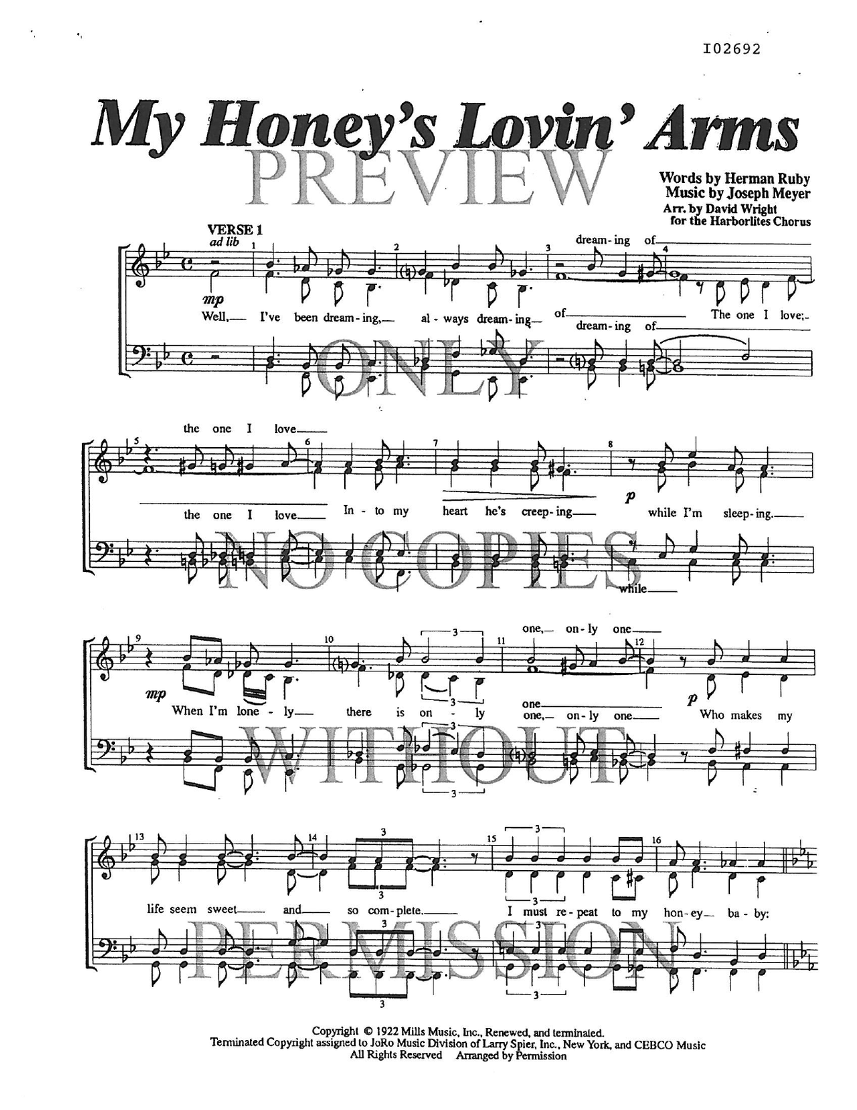 My Honey's Lovin' Arms — sheet music preview, arranged by David Wright