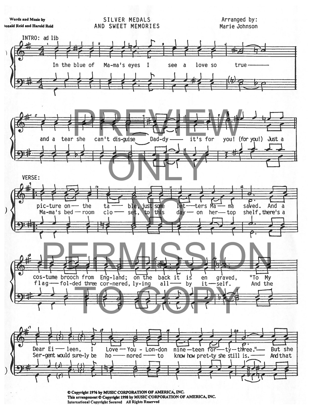 Silver Medals And Sweet Memories — sheet music preview, arranged by Marie Johnson