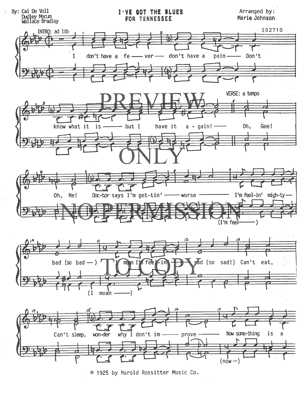 I've Got The Blues For Tennessee — sheet music preview, arranged by Marie Johnson