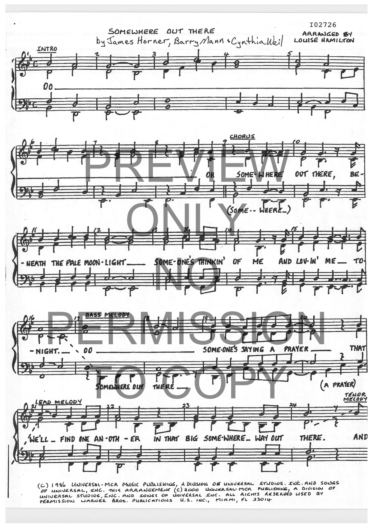 Somewhere Out There — sheet music preview, arranged by Louise Hamilton