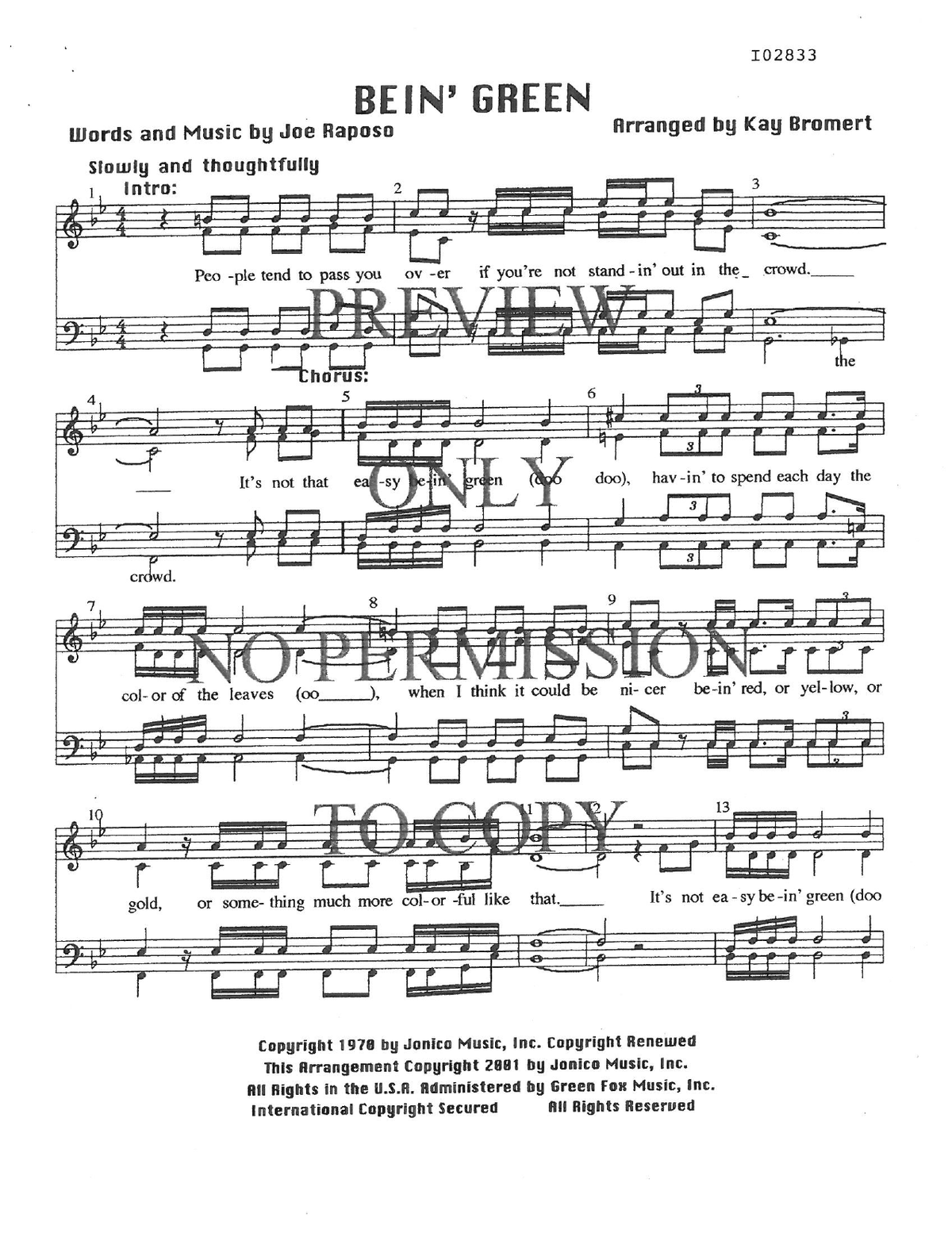 Bein' Green — sheet music preview, arranged by Kay Bromert
