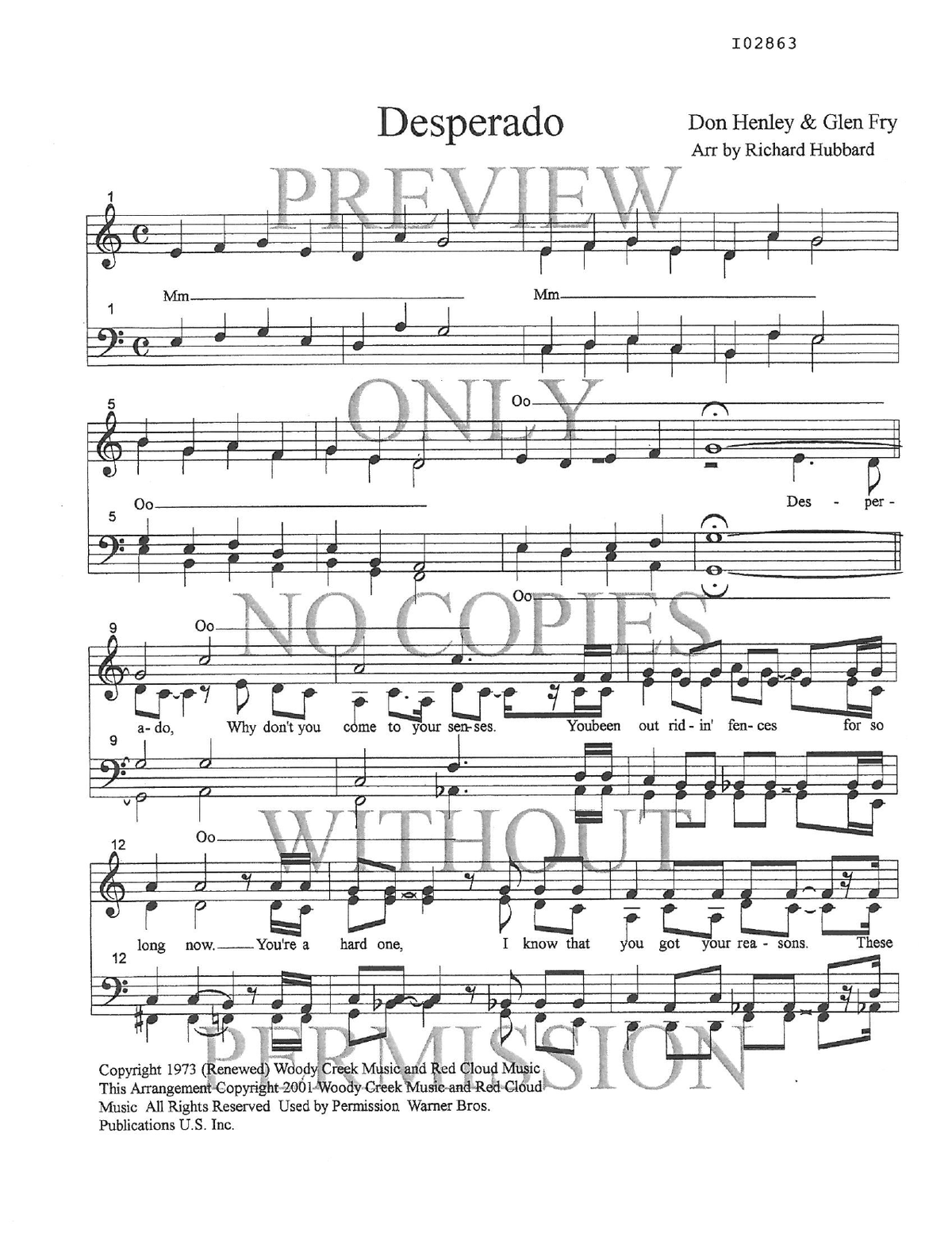 Desperado — sheet music preview, arranged by Richard Hubbard