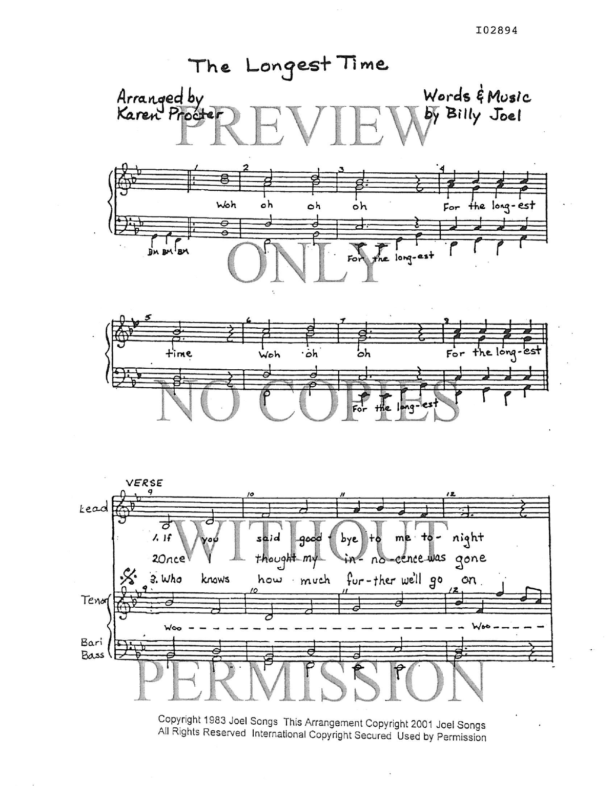 The Longest Time — sheet music preview, arranged by Karen Procter
