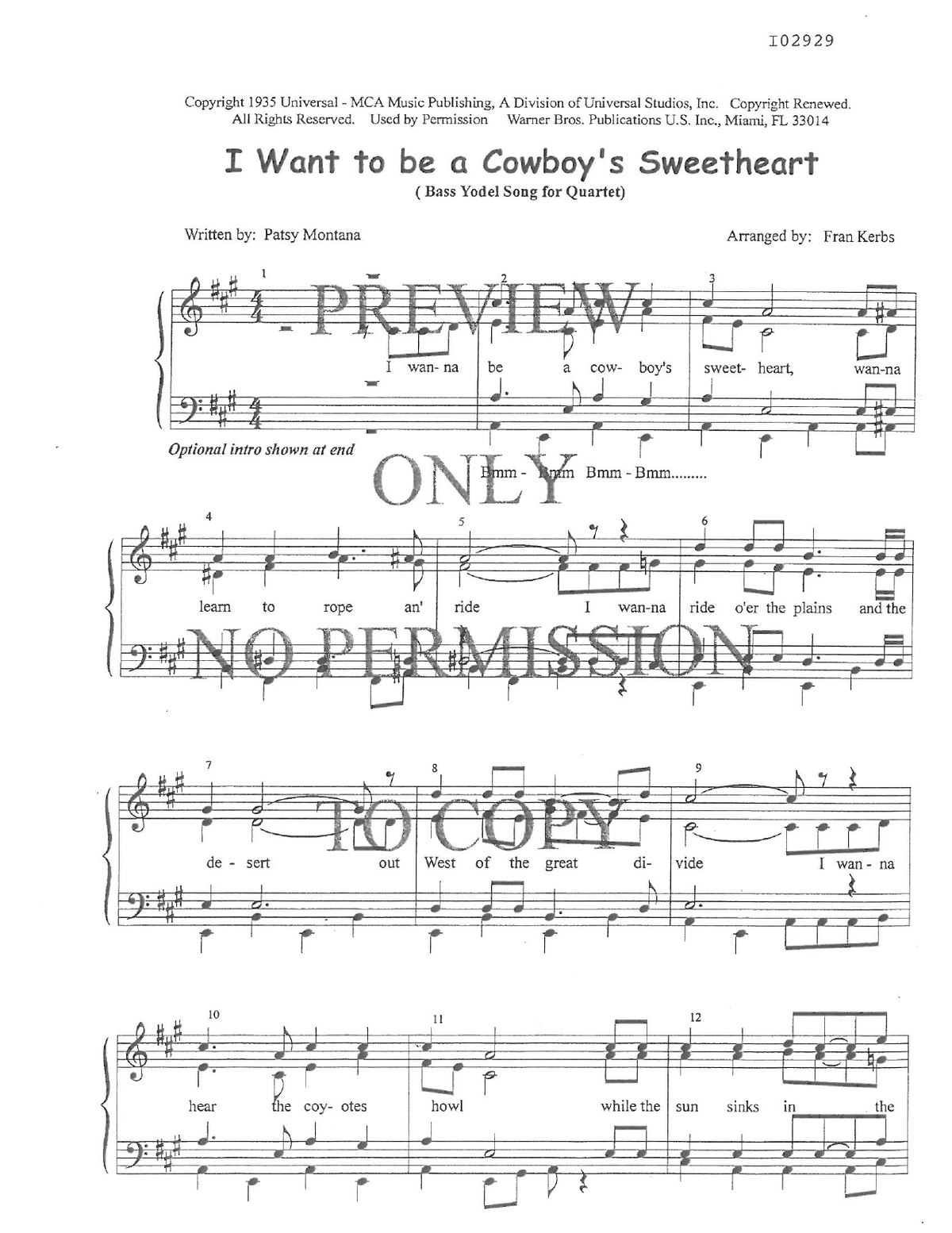 I Want To Be A Cowboy's Sweetheart — sheet music preview, arranged by Fran Kerbs
