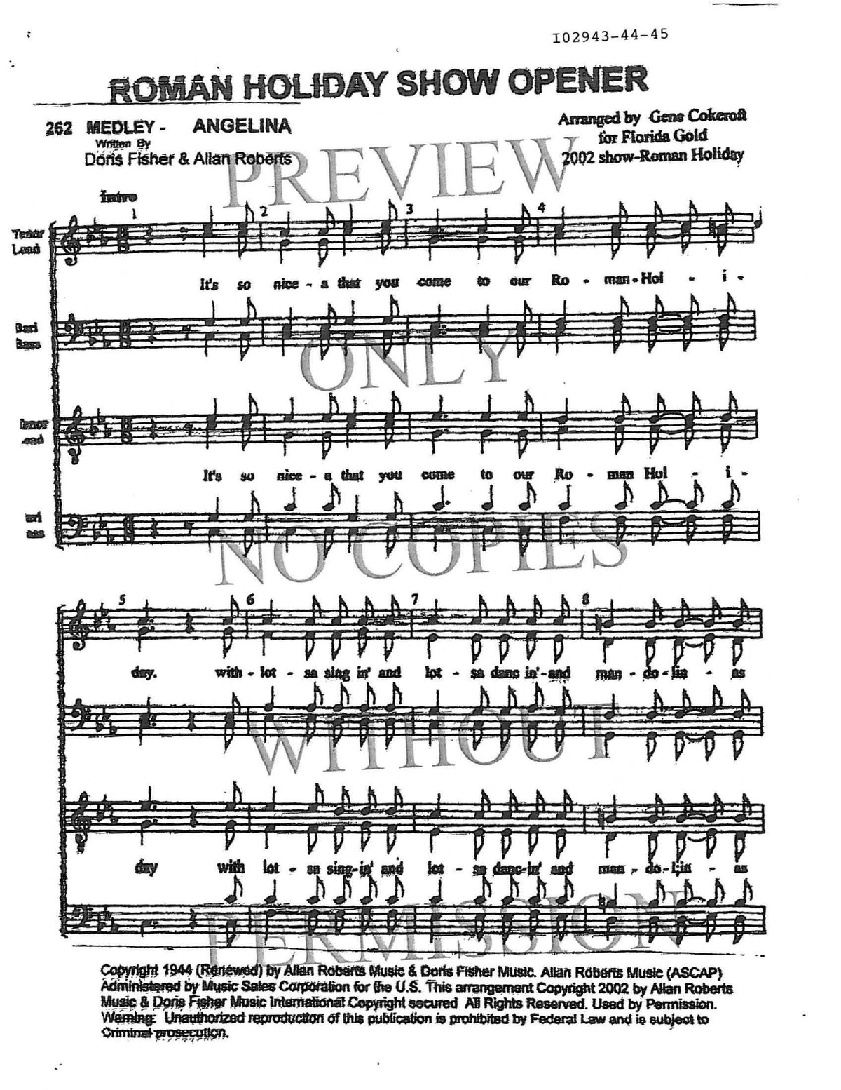 262 Medley - Angelina — sheet music preview, arranged by Gene Cokeroft