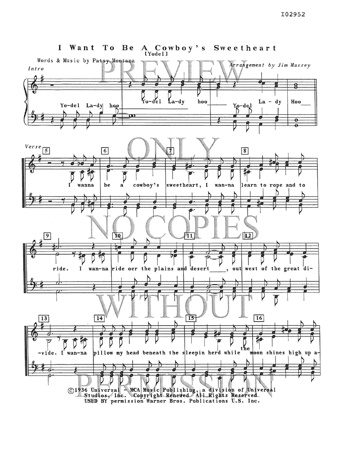 I Want To Be A Cowboy's Sweetheart — sheet music preview, arranged by Jim Massey