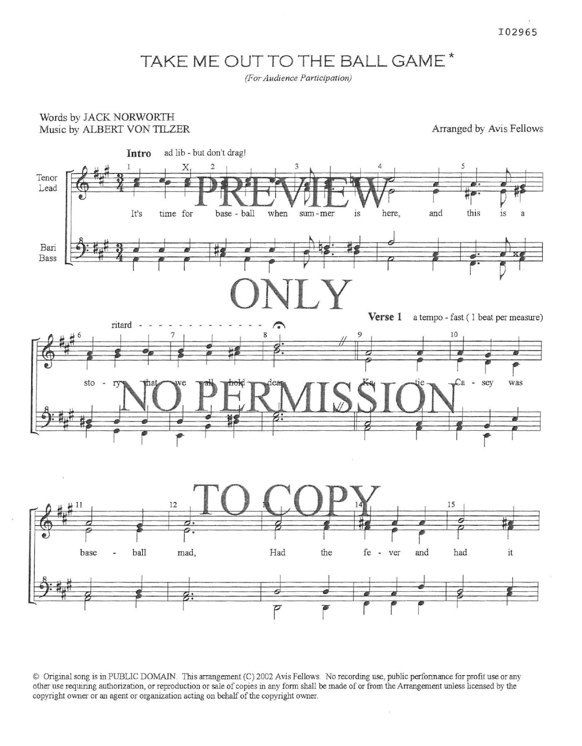 Take Me Out To The Ball Game — sheet music preview, arranged by Avis Fellows