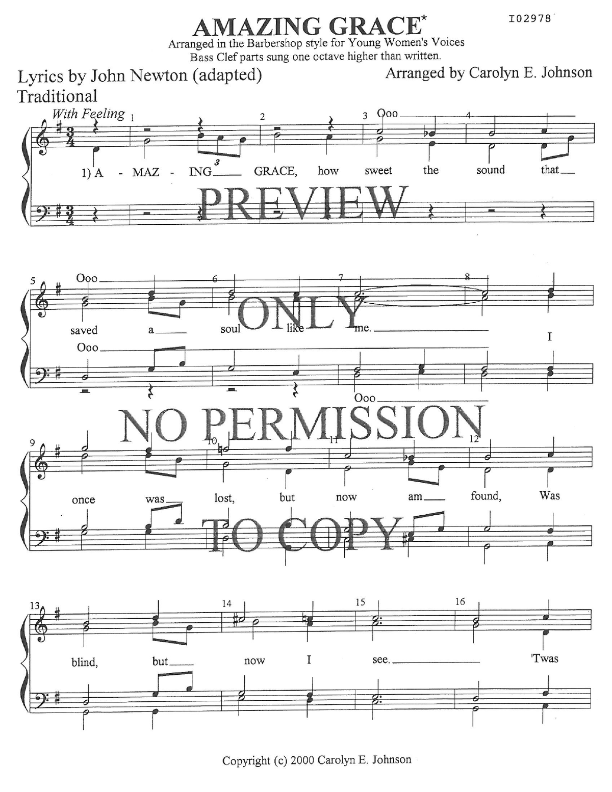 YW - Amazing Grace — sheet music preview, arranged by Carolyn Johnson
