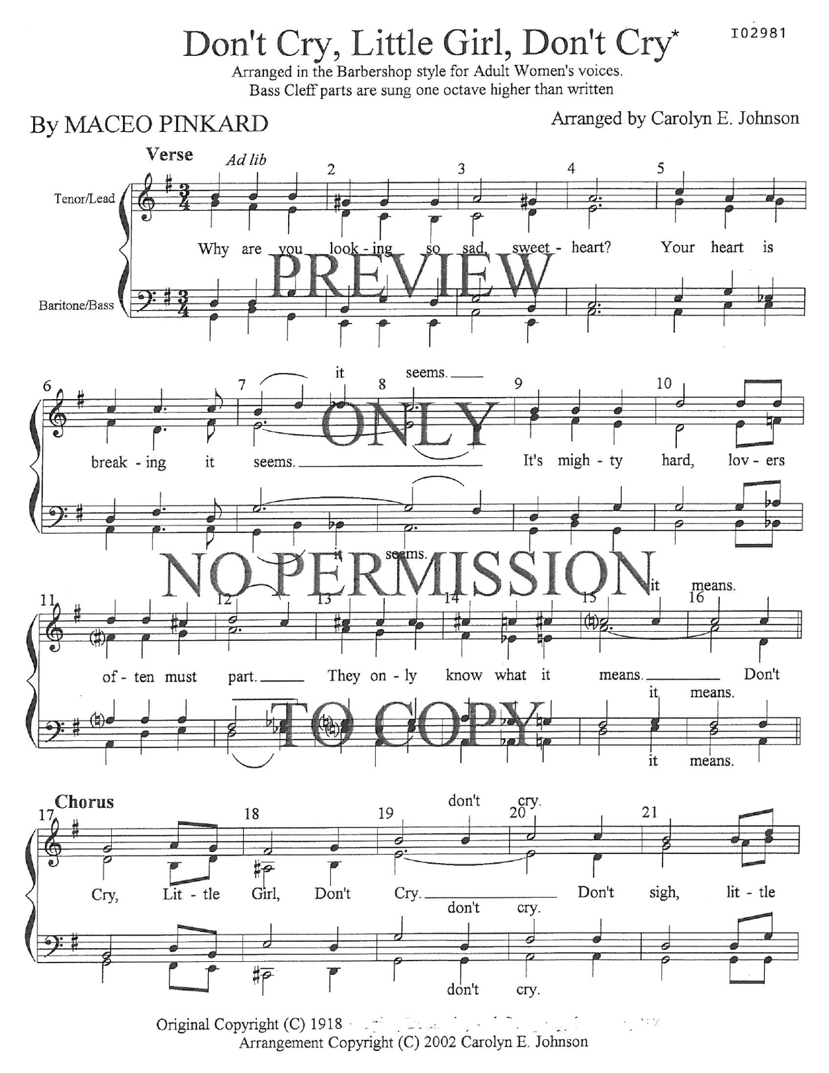 Don't Cry, Little Girl, Don't Cry — sheet music preview, arranged by Carolyn Johnson