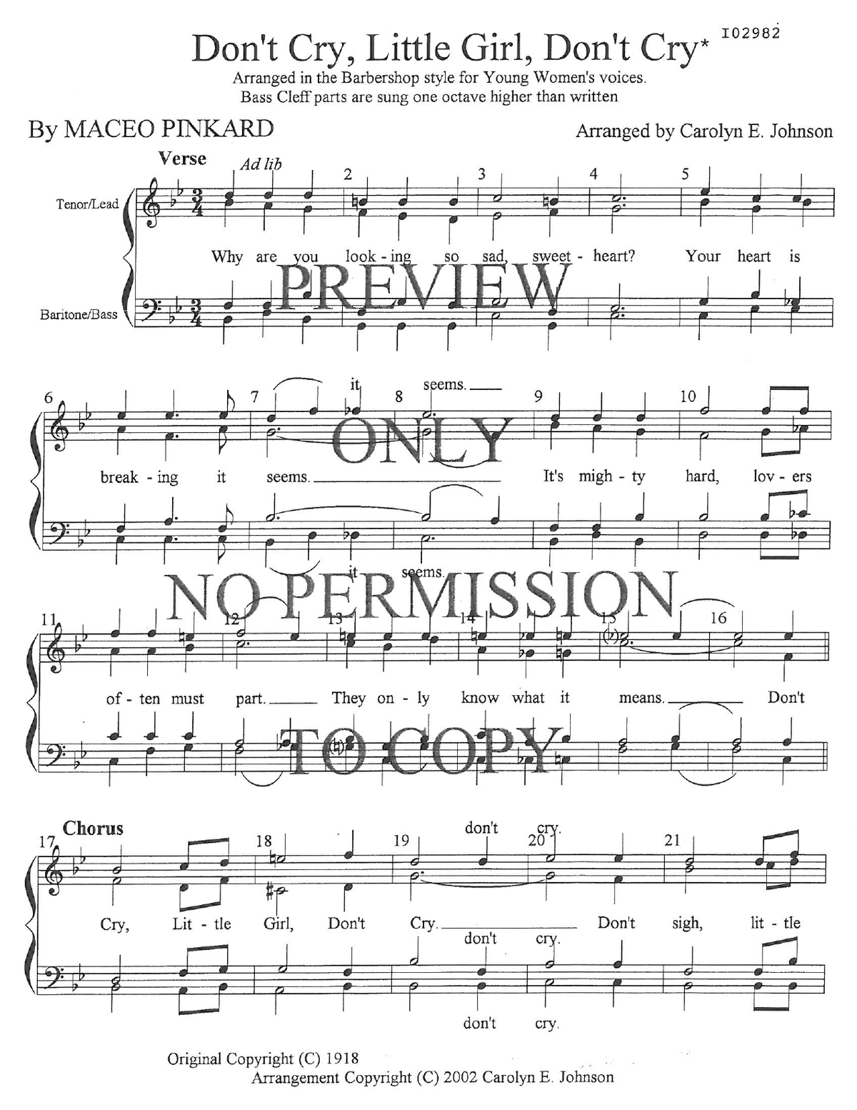 YW - Don't Cry, Little Girl, Don't Cry — sheet music preview, arranged by Carolyn Johnson