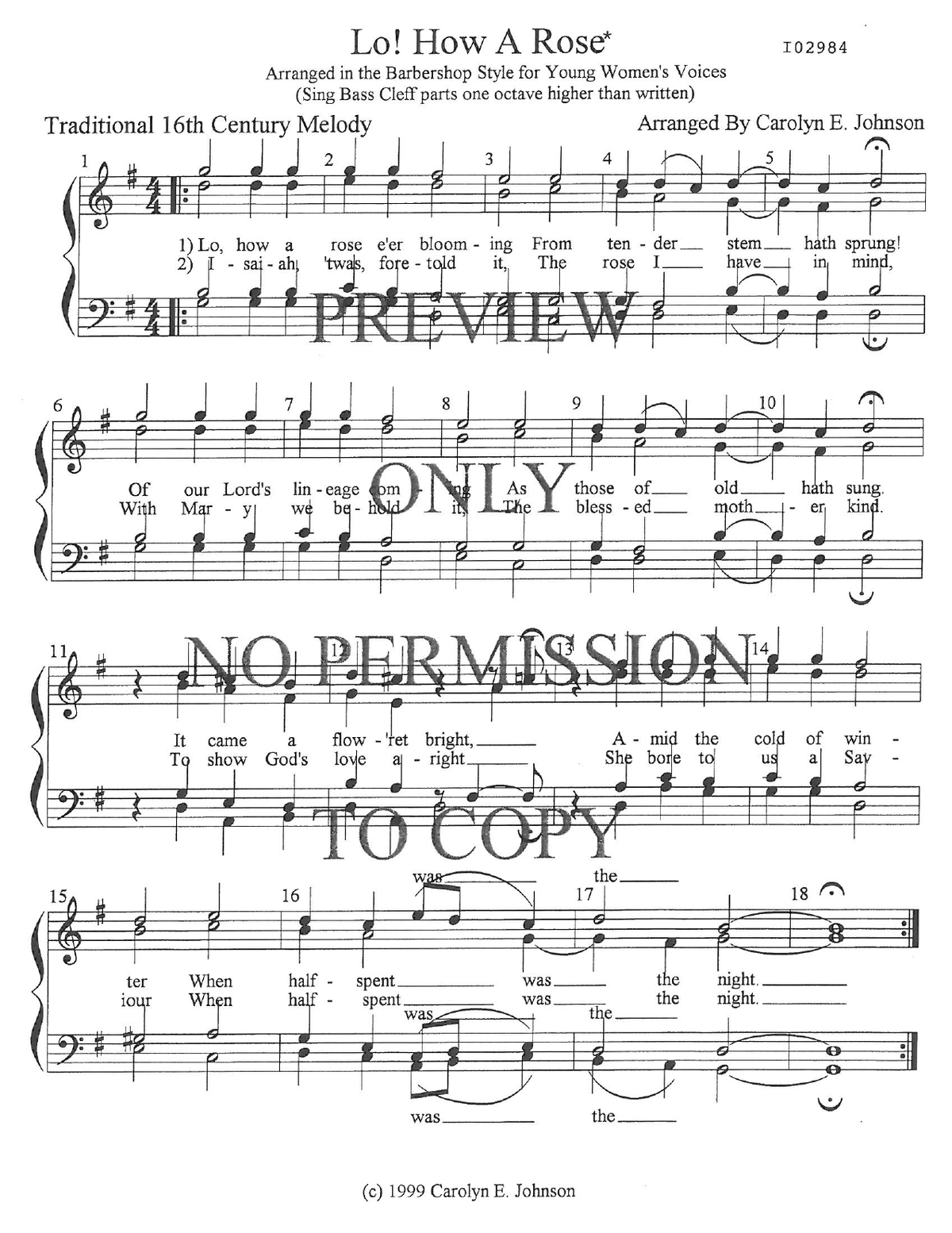 YW - Lo! How A Rose (Young Women Voicing) — sheet music preview, arranged by Carolyn Johnson