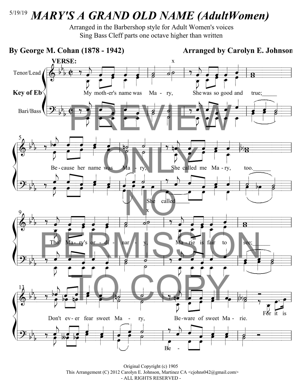 Mary's A Grand Old Name — sheet music preview, arranged by Carolyn Johnson