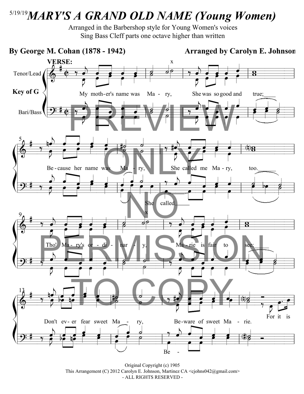 YW - Mary's A Grand Old Name — sheet music preview, arranged by Carolyn Johnson
