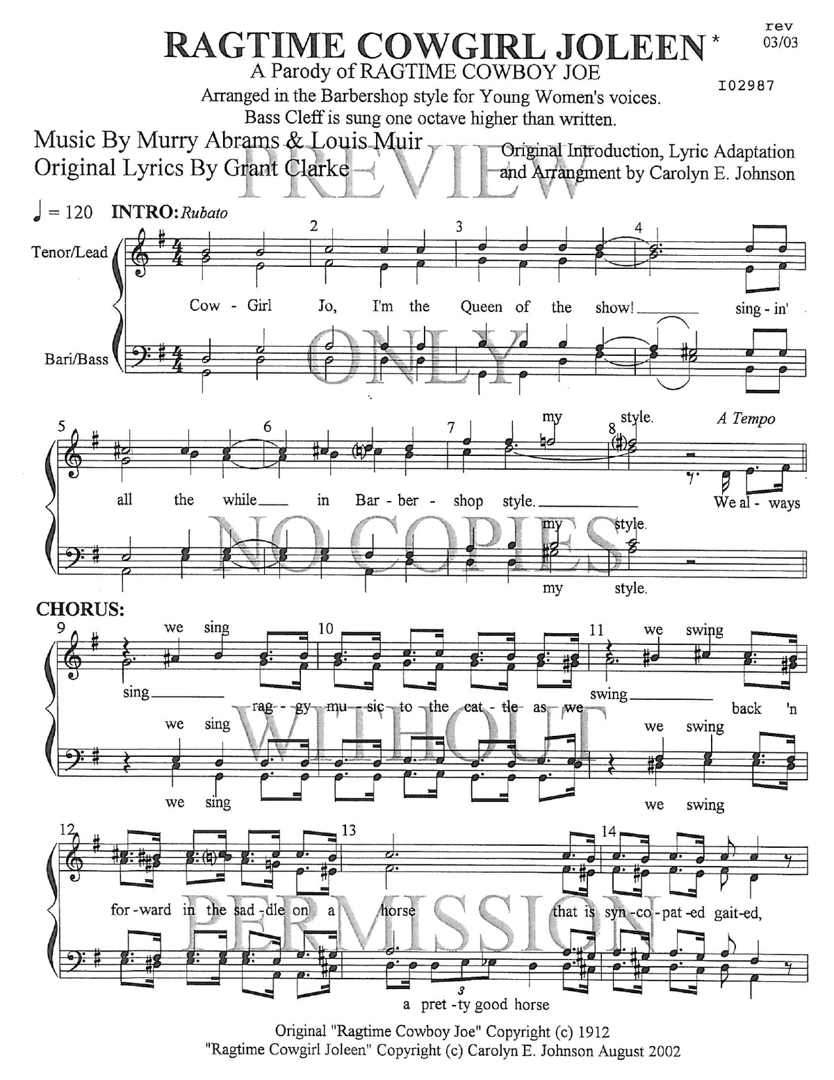 Ragtime Cowboy Joe (Cowgirl) — sheet music preview, arranged by Carolyn Johnson