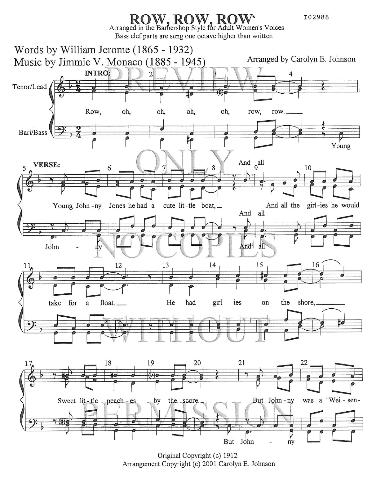 Row, Row, Row — sheet music preview, arranged by Carolyn Johnson