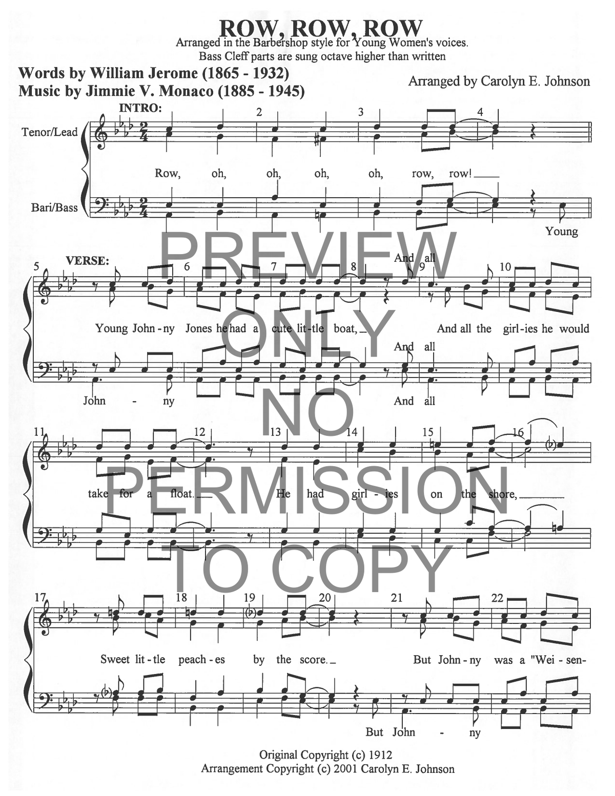 YW - Row, Row, Row (Young Women Voicing) — sheet music preview, arranged by Carolyn Johnson