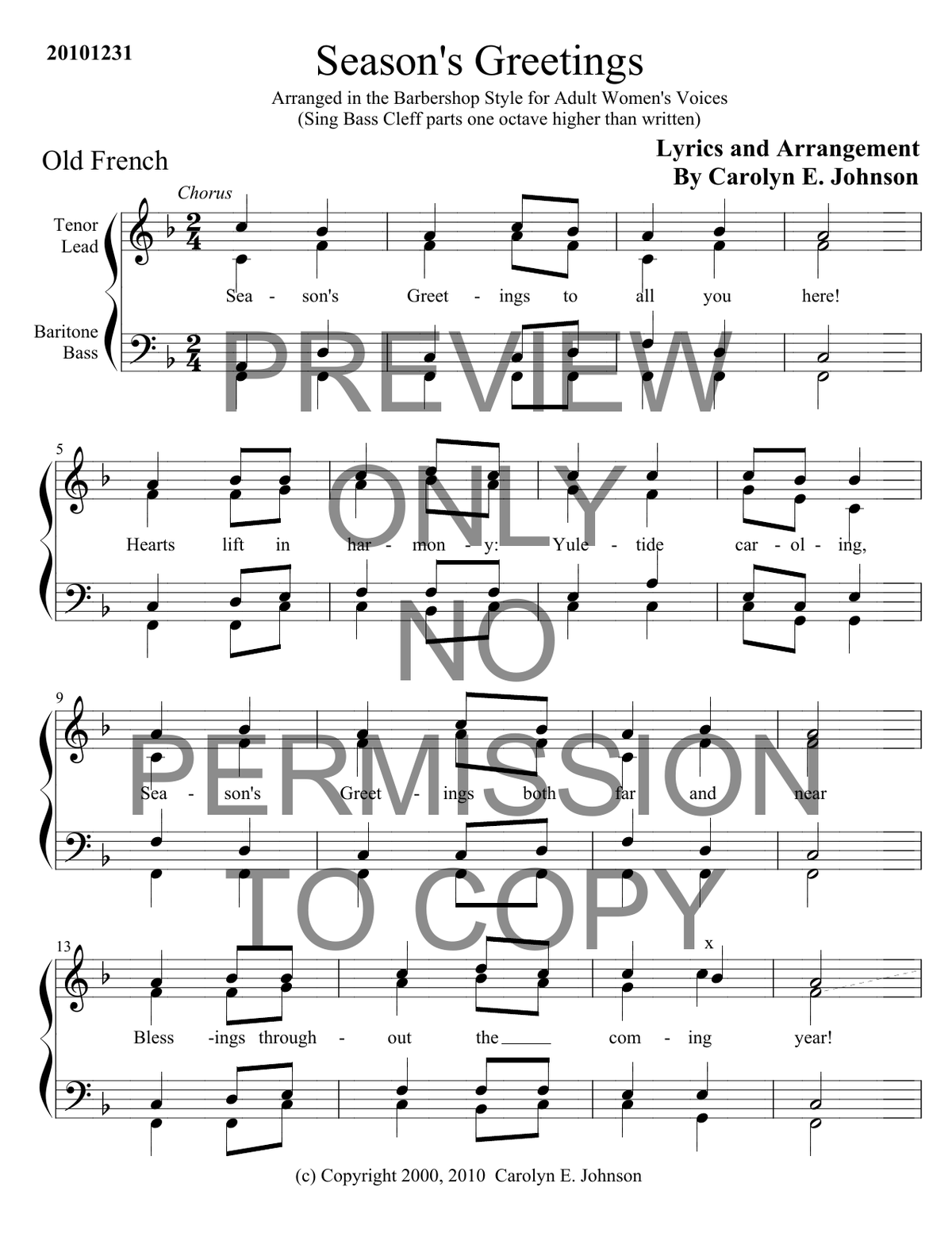 Season's Greetings — sheet music preview, arranged by Carolyn Johnson