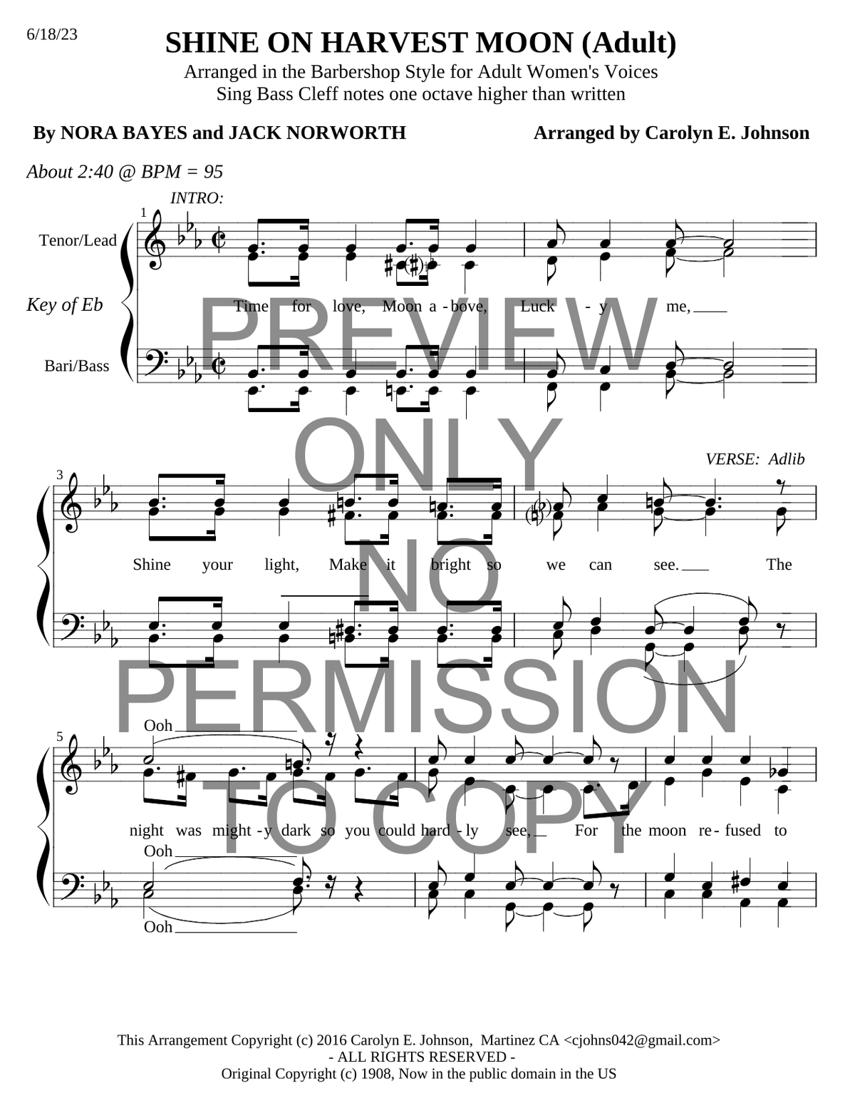 Shine On Harvest Moon — sheet music preview, arranged by Carolyn Johnson
