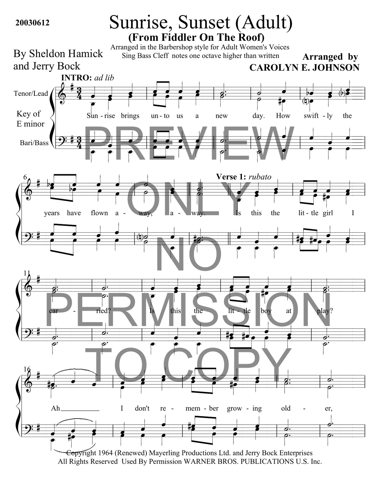 Sunrise, Sunset — sheet music preview, arranged by Carolyn Johnson