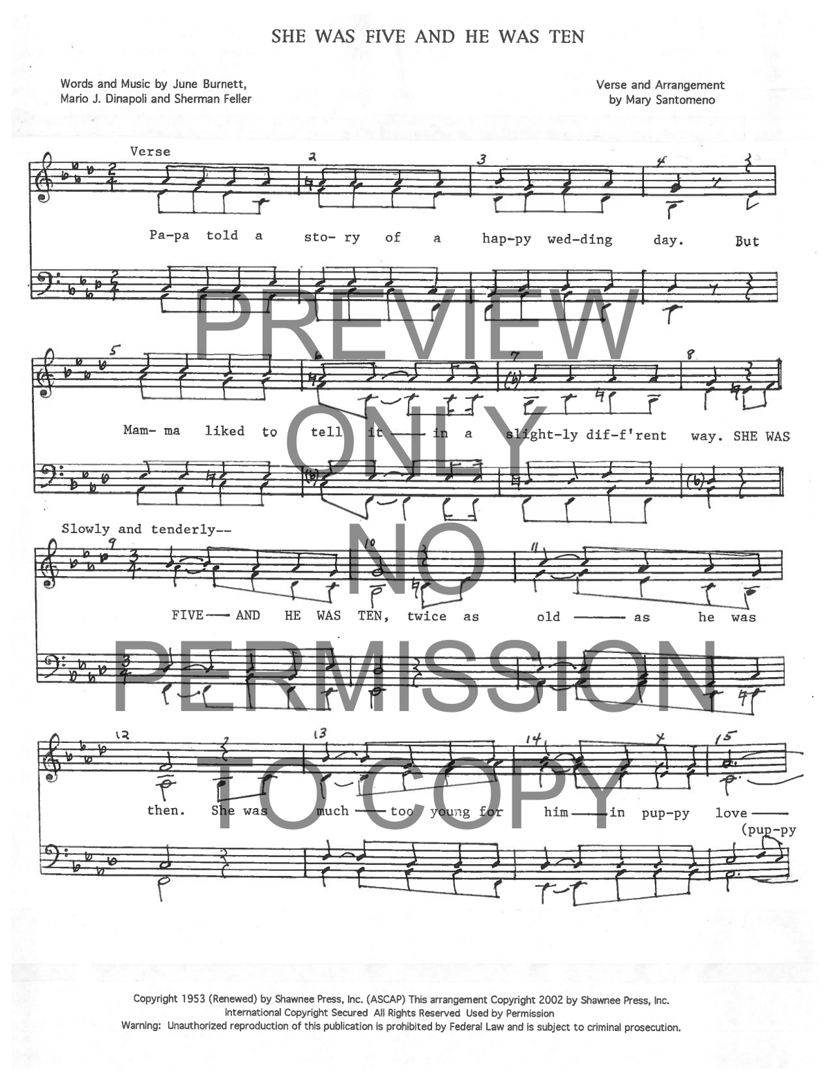She Was Five And He Was Ten — sheet music preview, arranged by Mary Santomeno