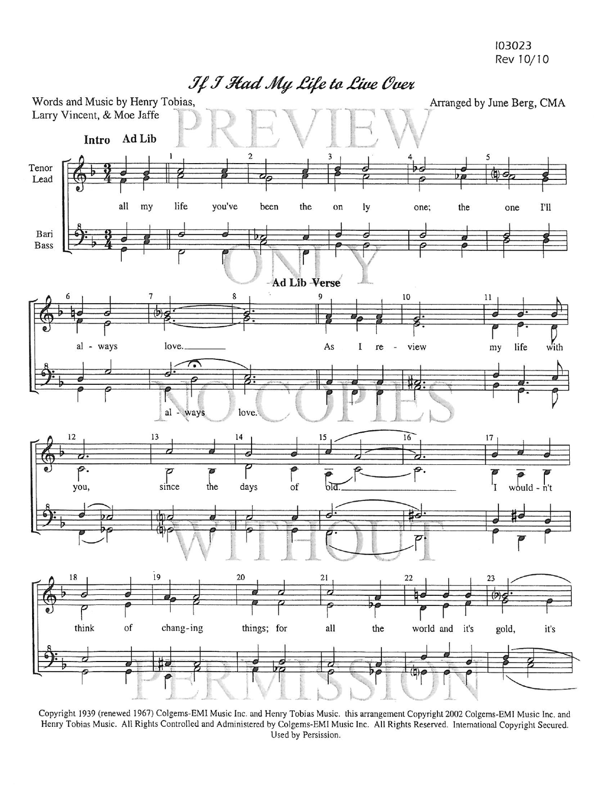 If I Had My Life To Live Over — sheet music preview, arranged by June Berg