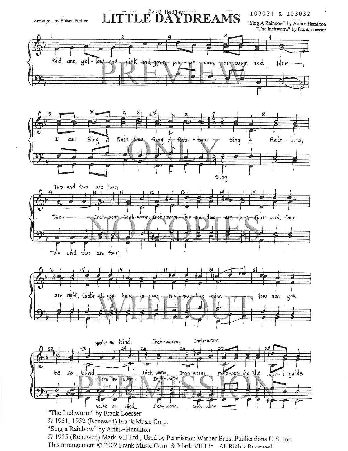 270 Medley - The Inchworm — sheet music preview, arranged by Patsee Parker