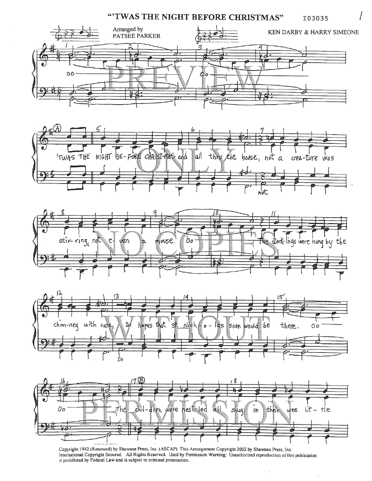 Twas The Night Before Christmas — sheet music preview, arranged by Patsee Parker