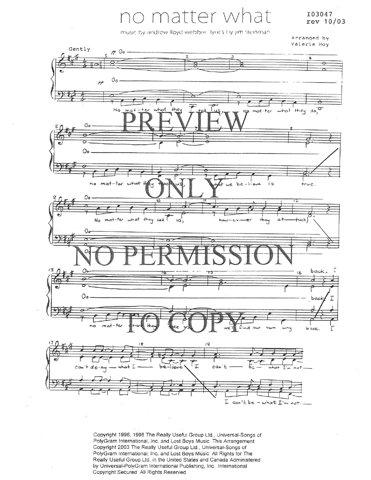 No Matter What — sheet music preview, arranged by Valerie Hoy