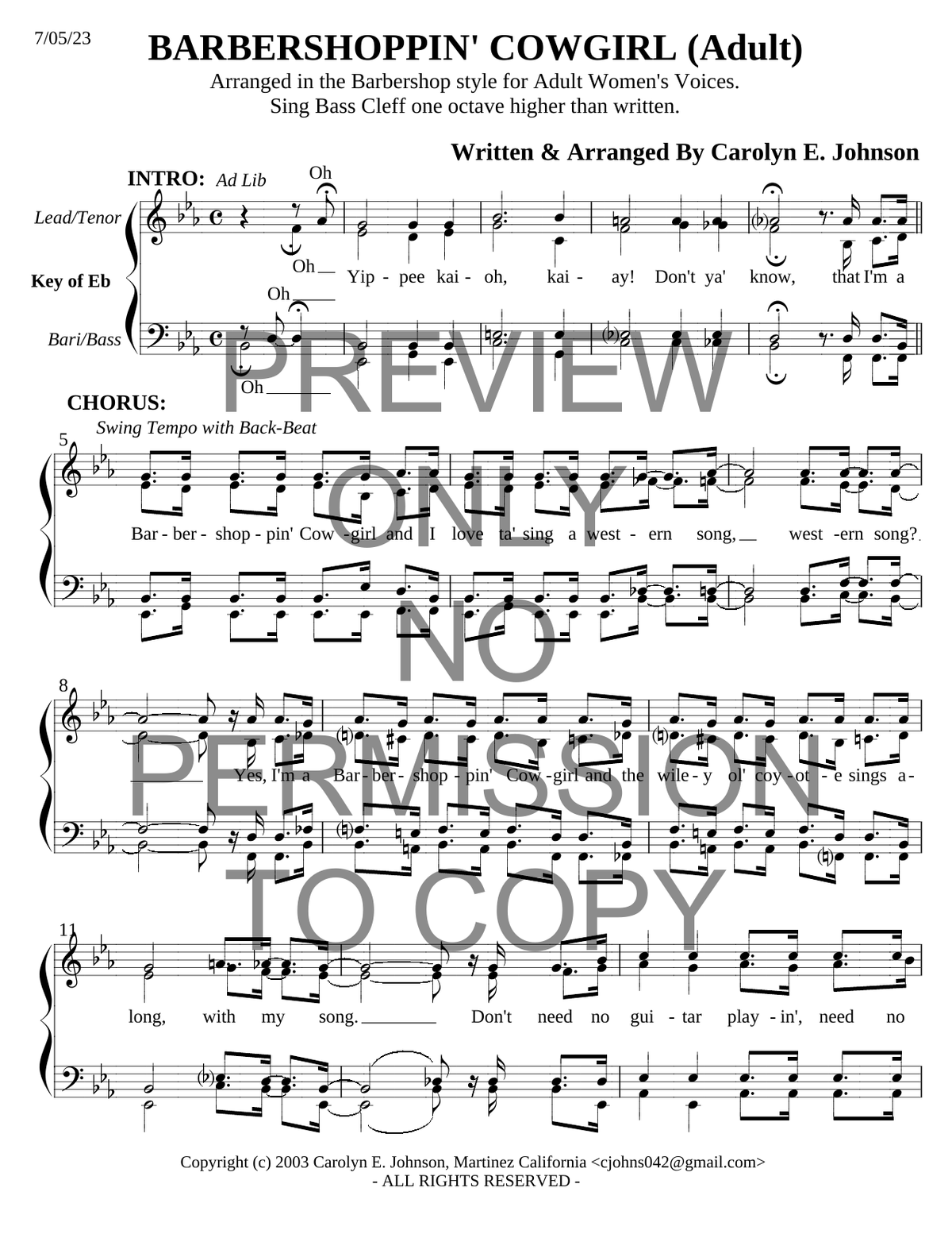 Barbershoppin' Cowgirl — sheet music preview, arranged by Carolyn Johnson