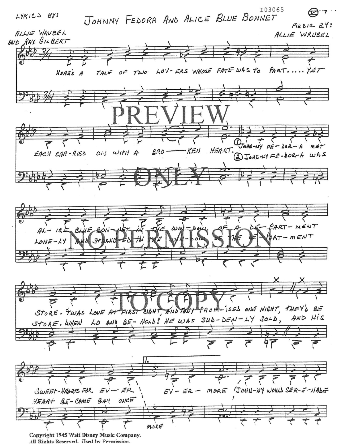 Johnny Fedora And Alice Blue Bonnet — sheet music preview, arranged by Zona Snyder