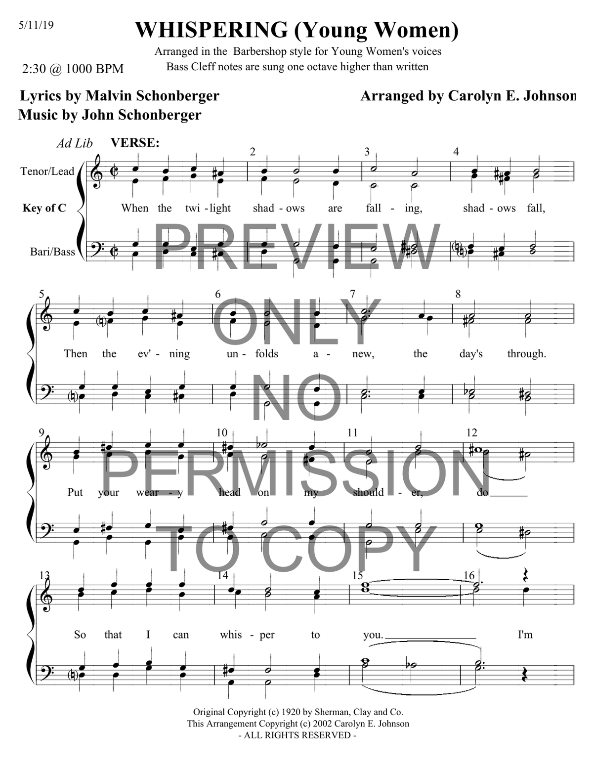 YW - Whispering — sheet music preview, arranged by Carolyn Johnson
