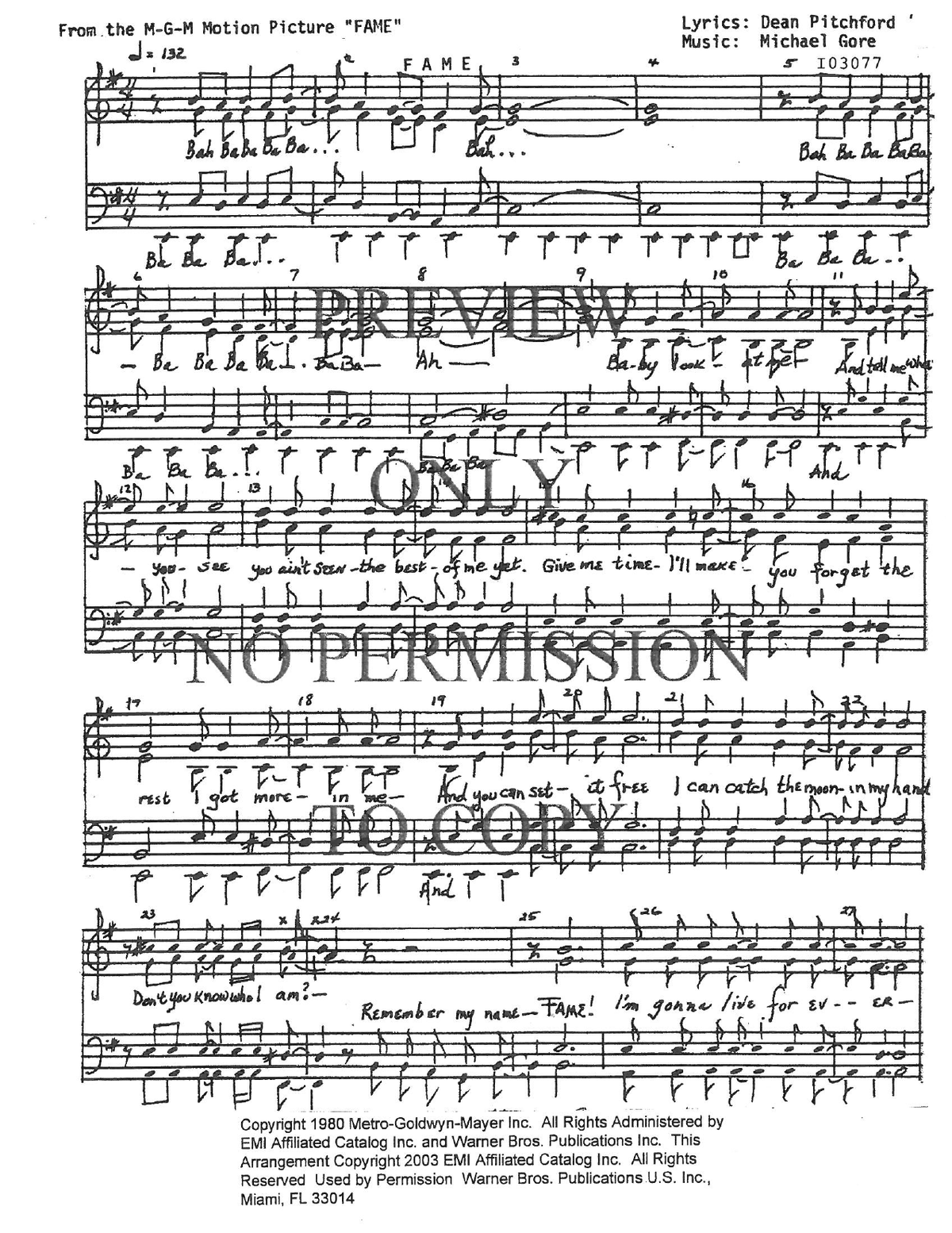 Fame — sheet music preview, arranged by Pat LeVezu