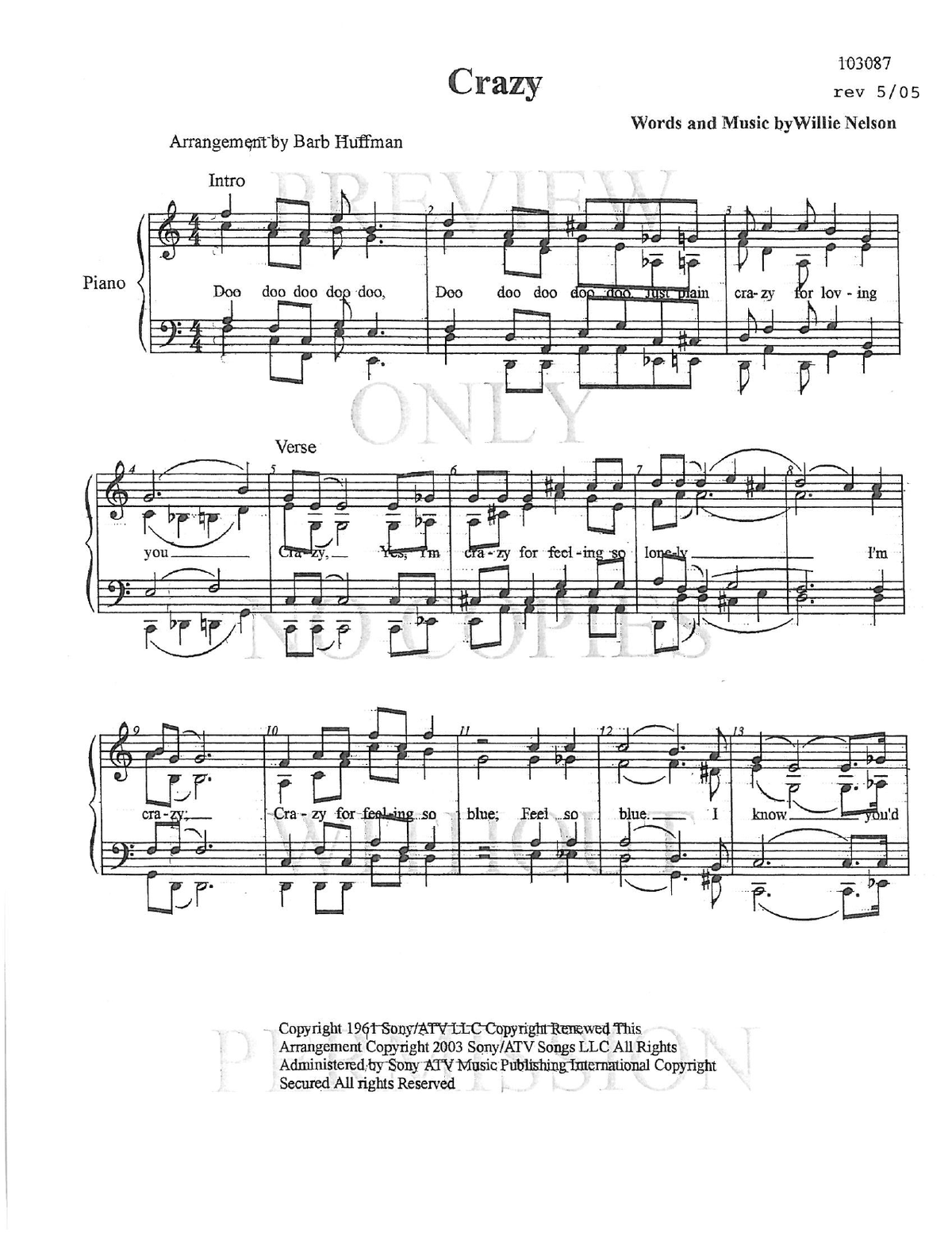 Crazy — sheet music preview, arranged by Barbara Huffman