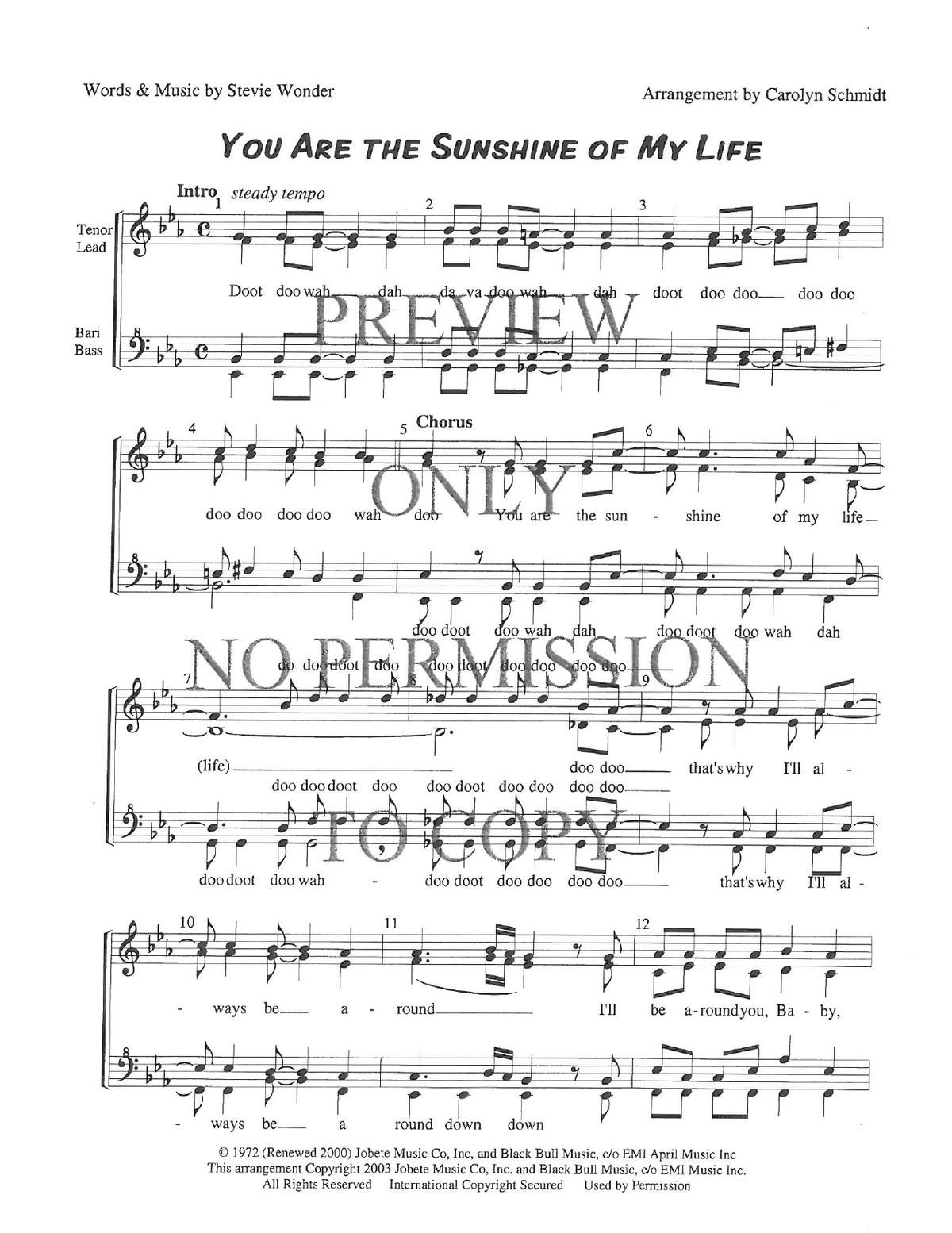 You Are The Sunshine Of My Life — sheet music preview, arranged by Carolyn Schmidt