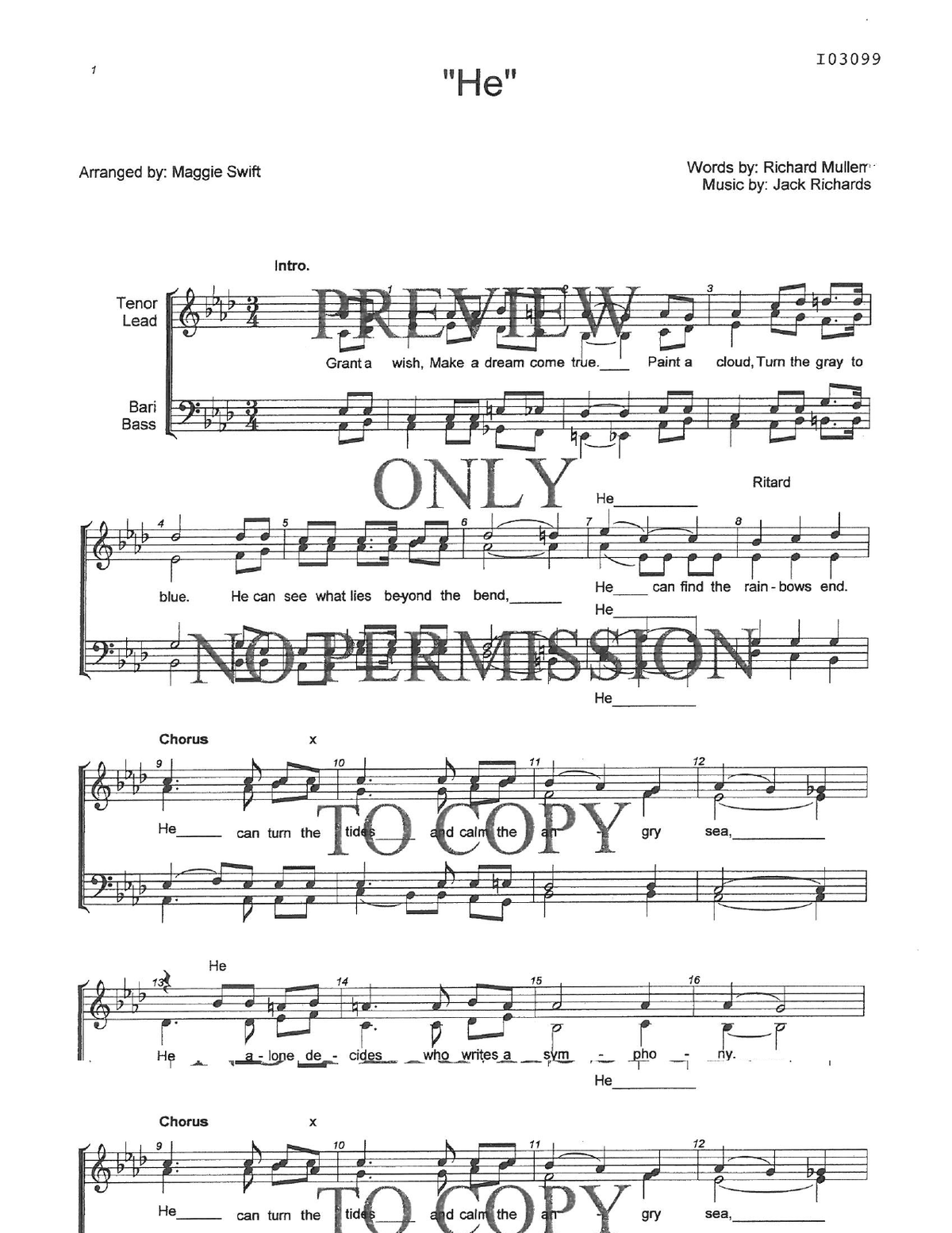 He — sheet music preview, arranged by Margaret Swift