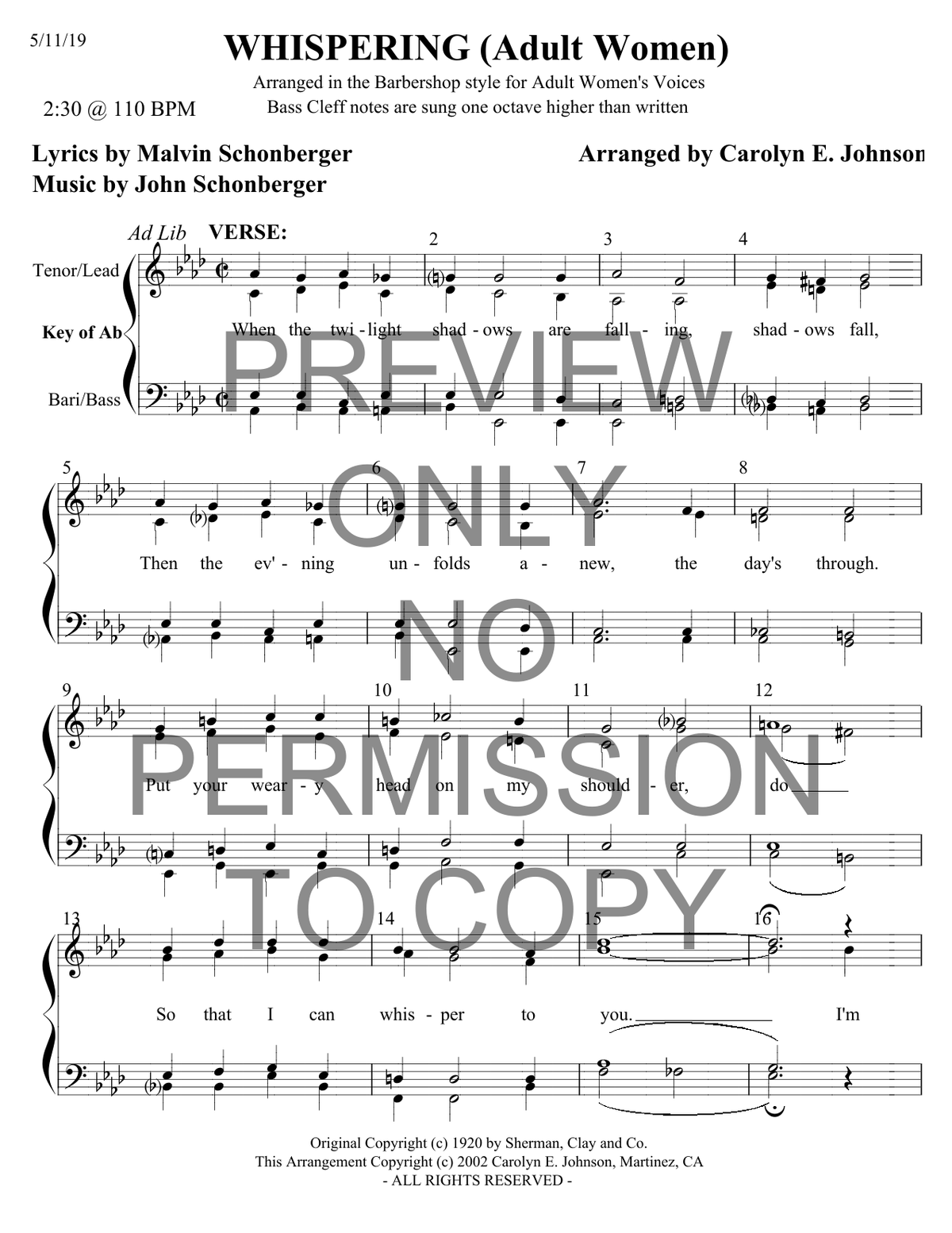 Whispering (Adult) — sheet music preview, arranged by Carolyn Johnson