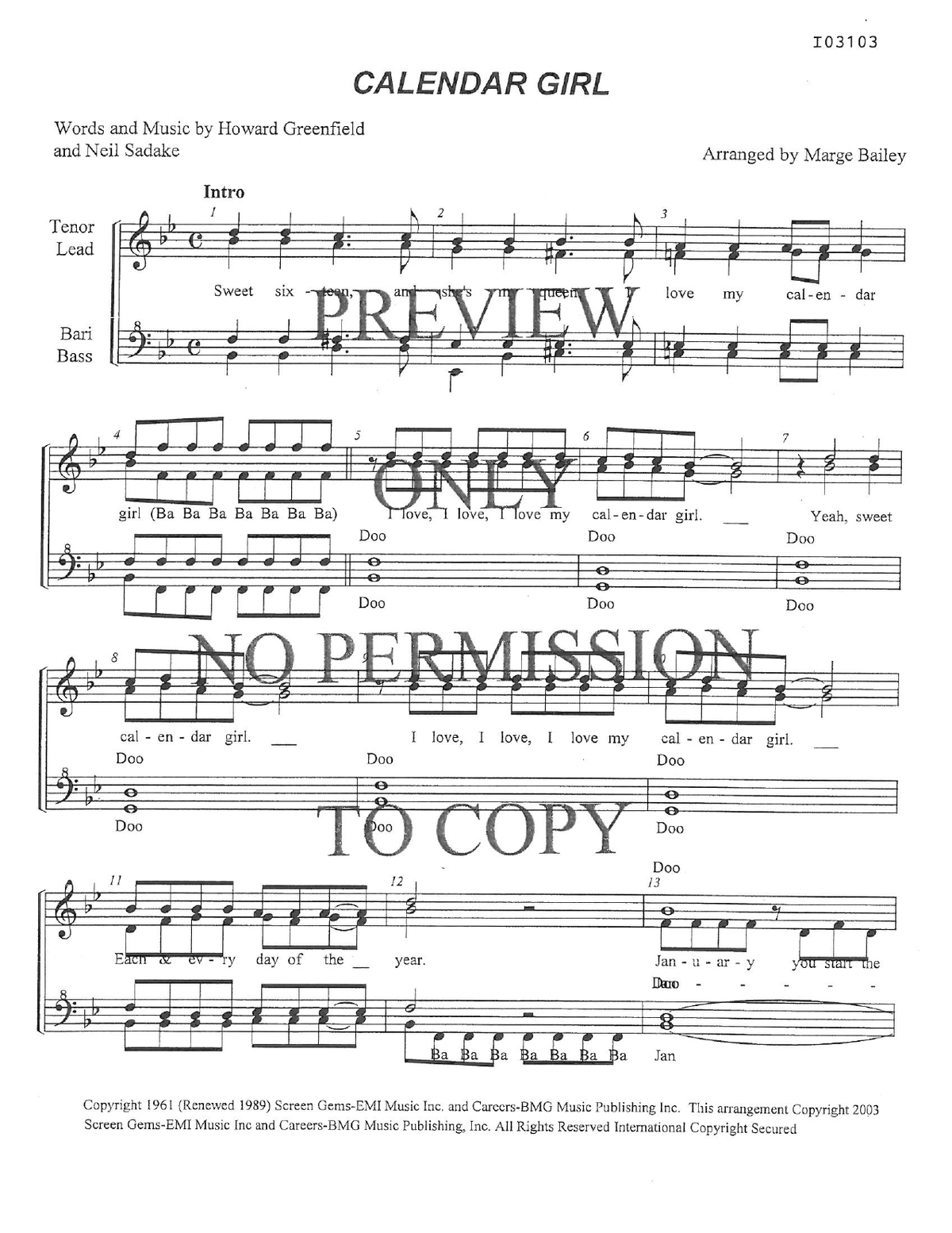 Calendar Girl — sheet music preview, arranged by Marge Bailey