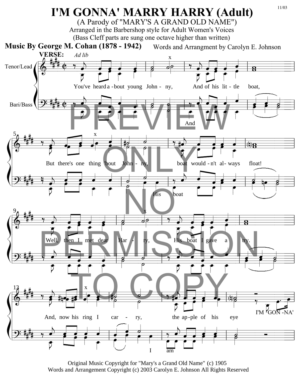 I'm Gonna Marry Harry — sheet music preview, arranged by Carolyn Johnson