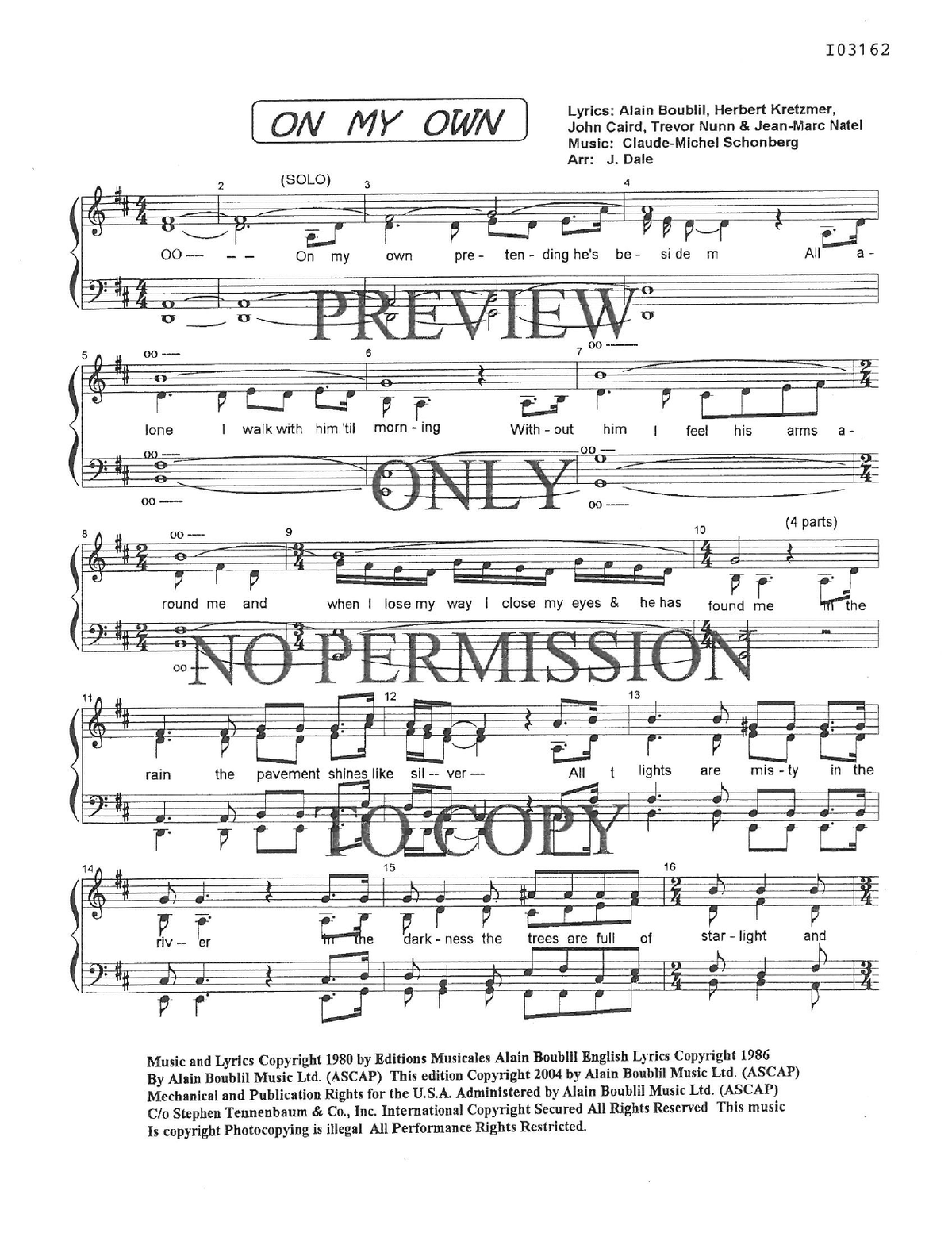 On My Own — sheet music preview, arranged by June Dale