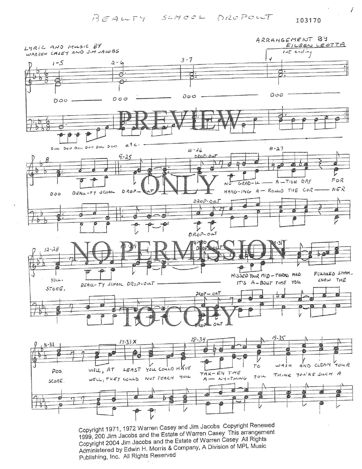 Beauty School Dropout — sheet music preview, arranged by Eileen Leotta