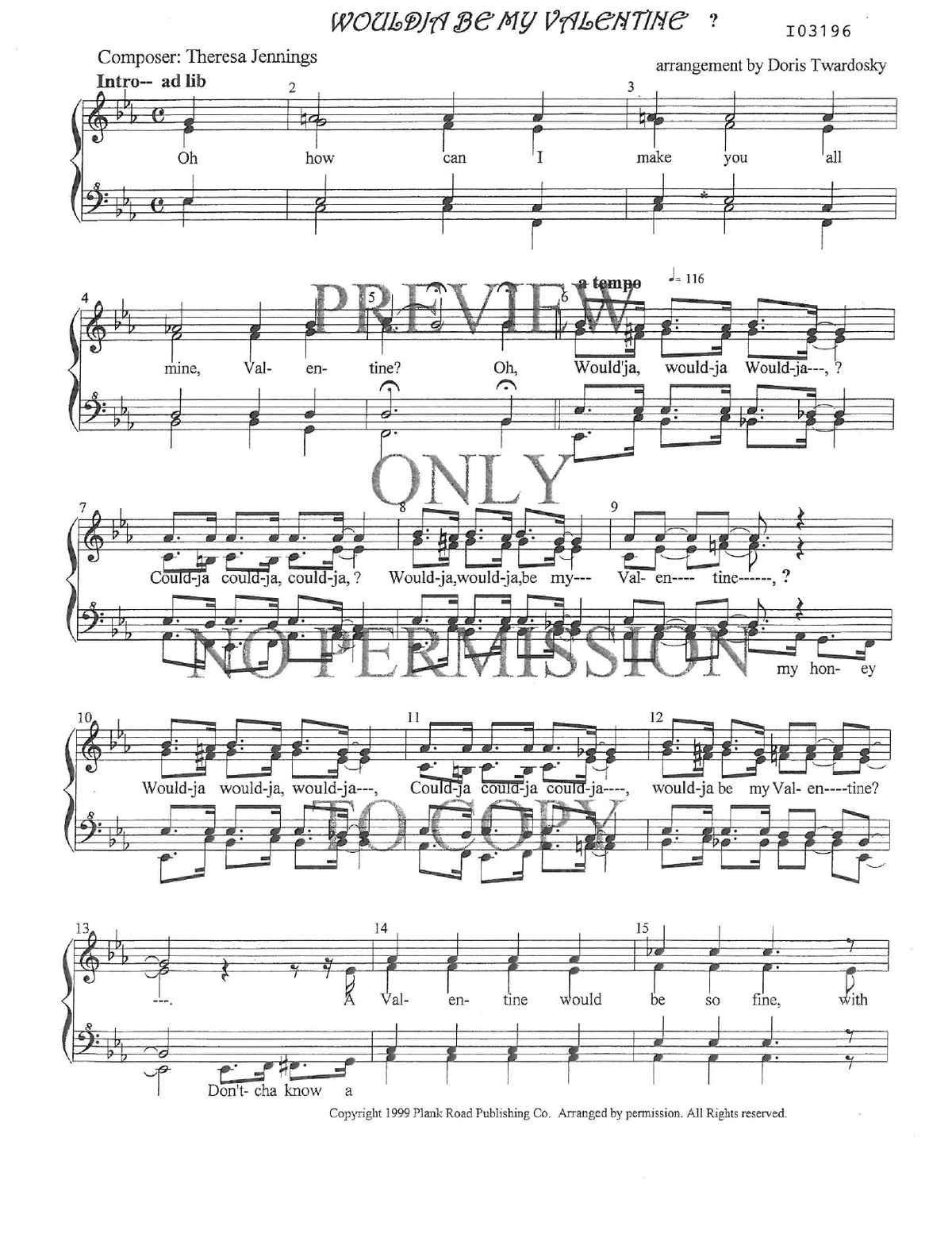 Wouldja Be My Valentine — sheet music preview, arranged by Doris Twardosky