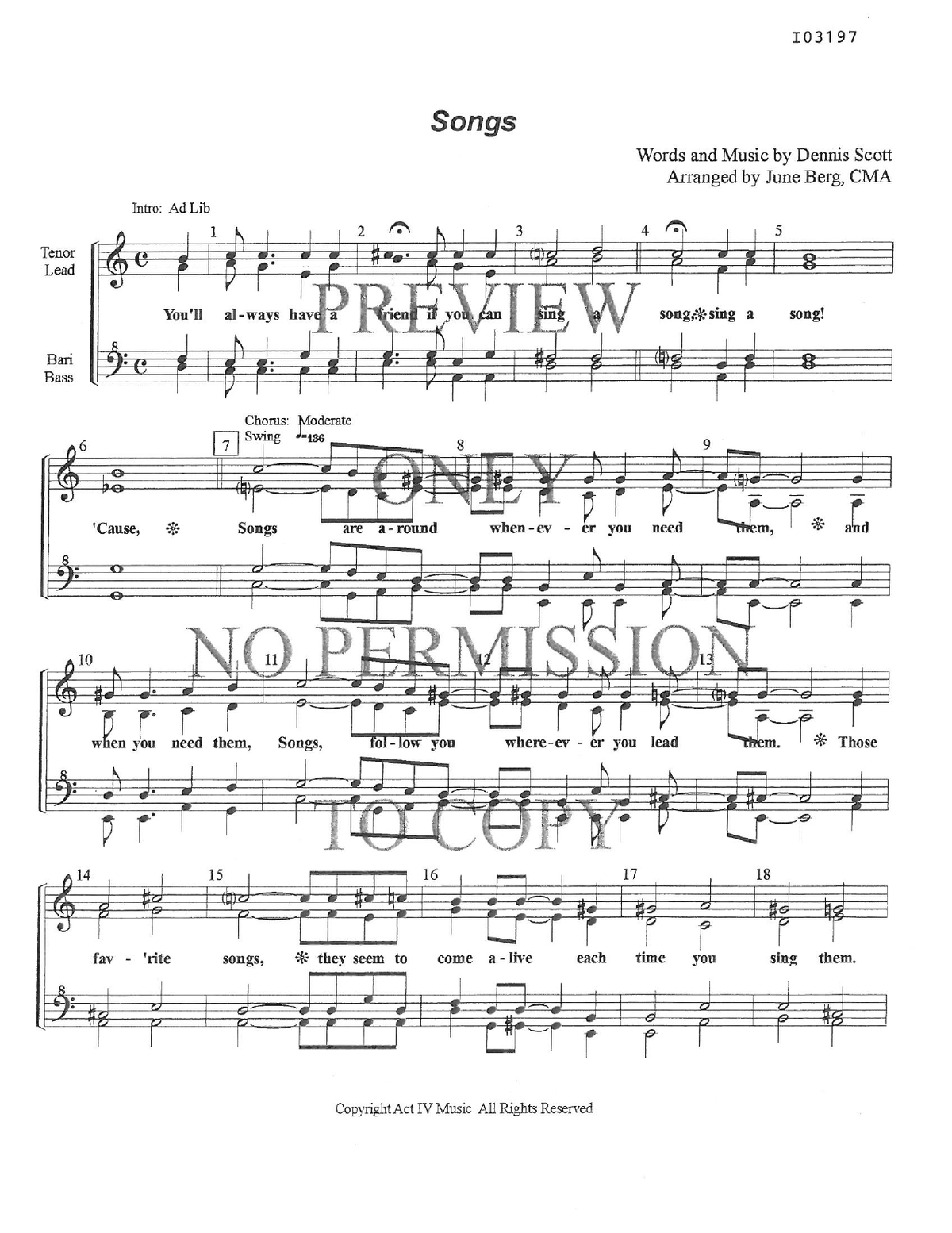 Songs — sheet music preview, arranged by June Berg