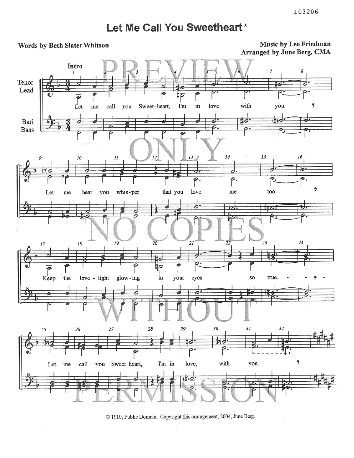 Let Me Call You Sweetheart — sheet music preview, arranged by June Berg