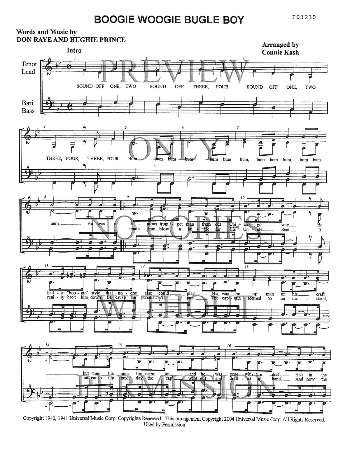 Boogie Woogie Bugle Boy — sheet music preview, arranged by Connie Kash
