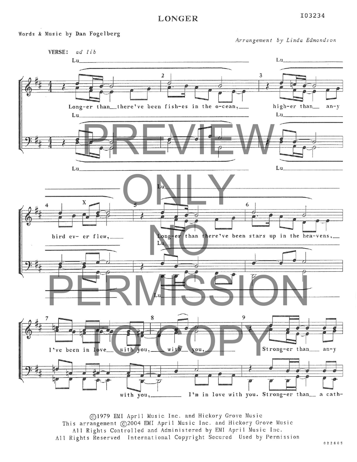 Longer — sheet music preview, arranged by Linda Edmondson