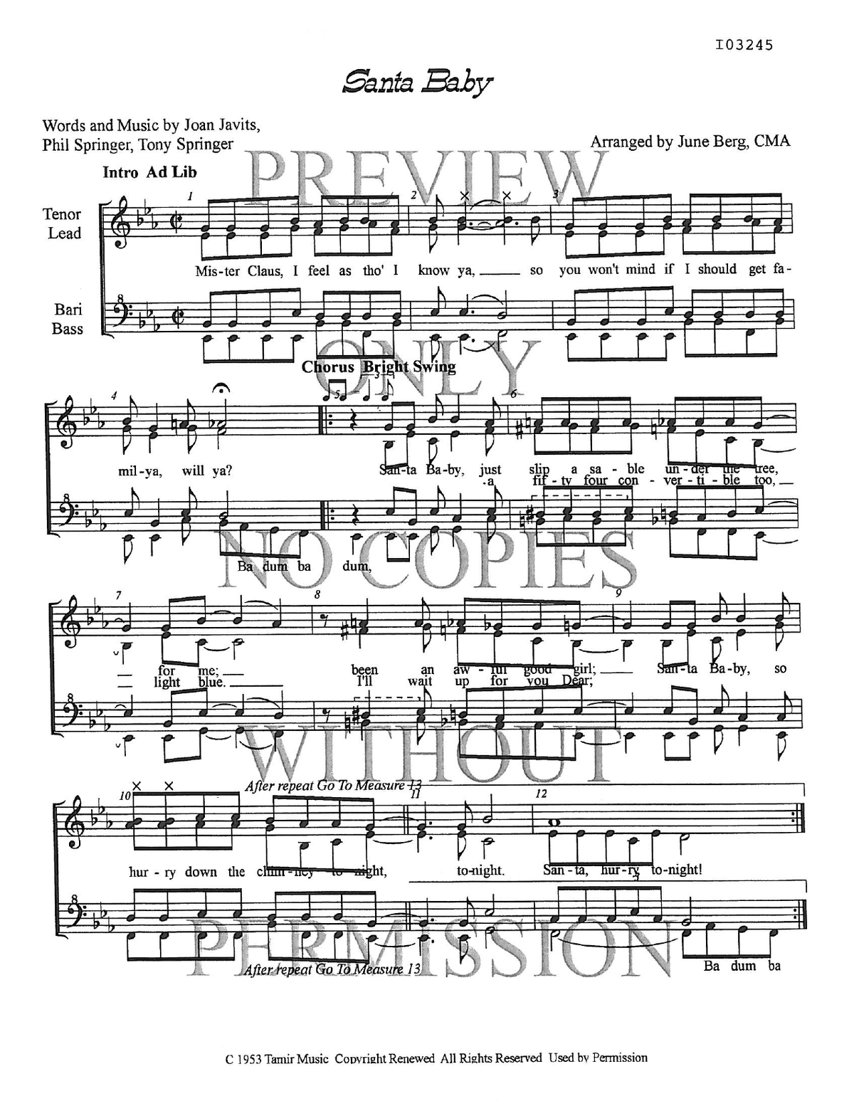 Santa Baby — sheet music preview, arranged by June Berg