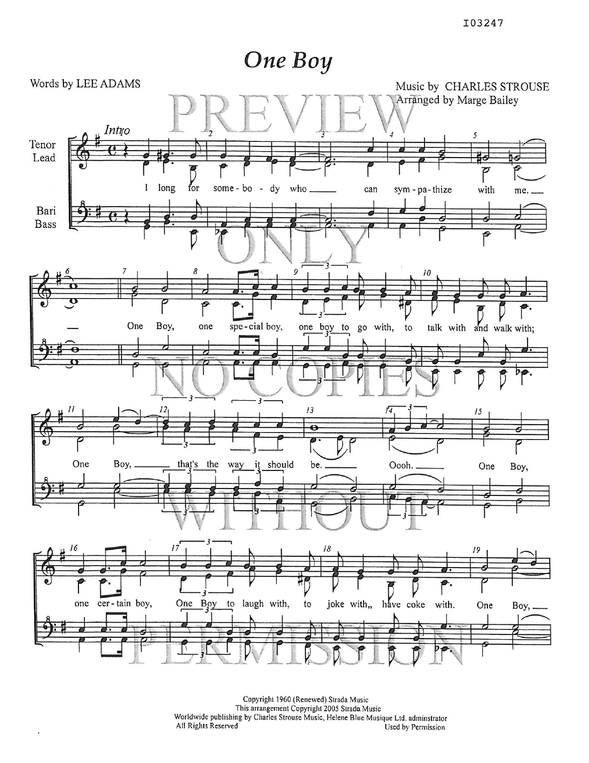 One Boy — sheet music preview, arranged by Marge Bailey