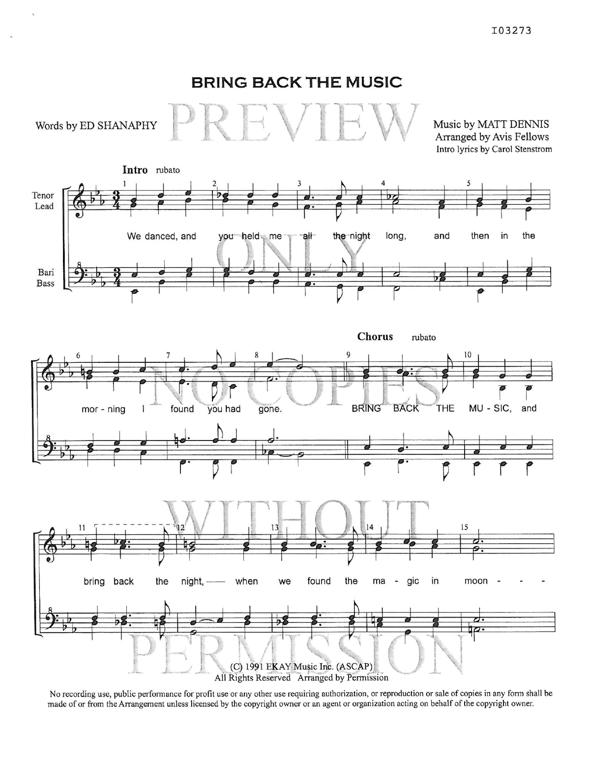 Bring Back The Music — sheet music preview, arranged by Avis Fellows