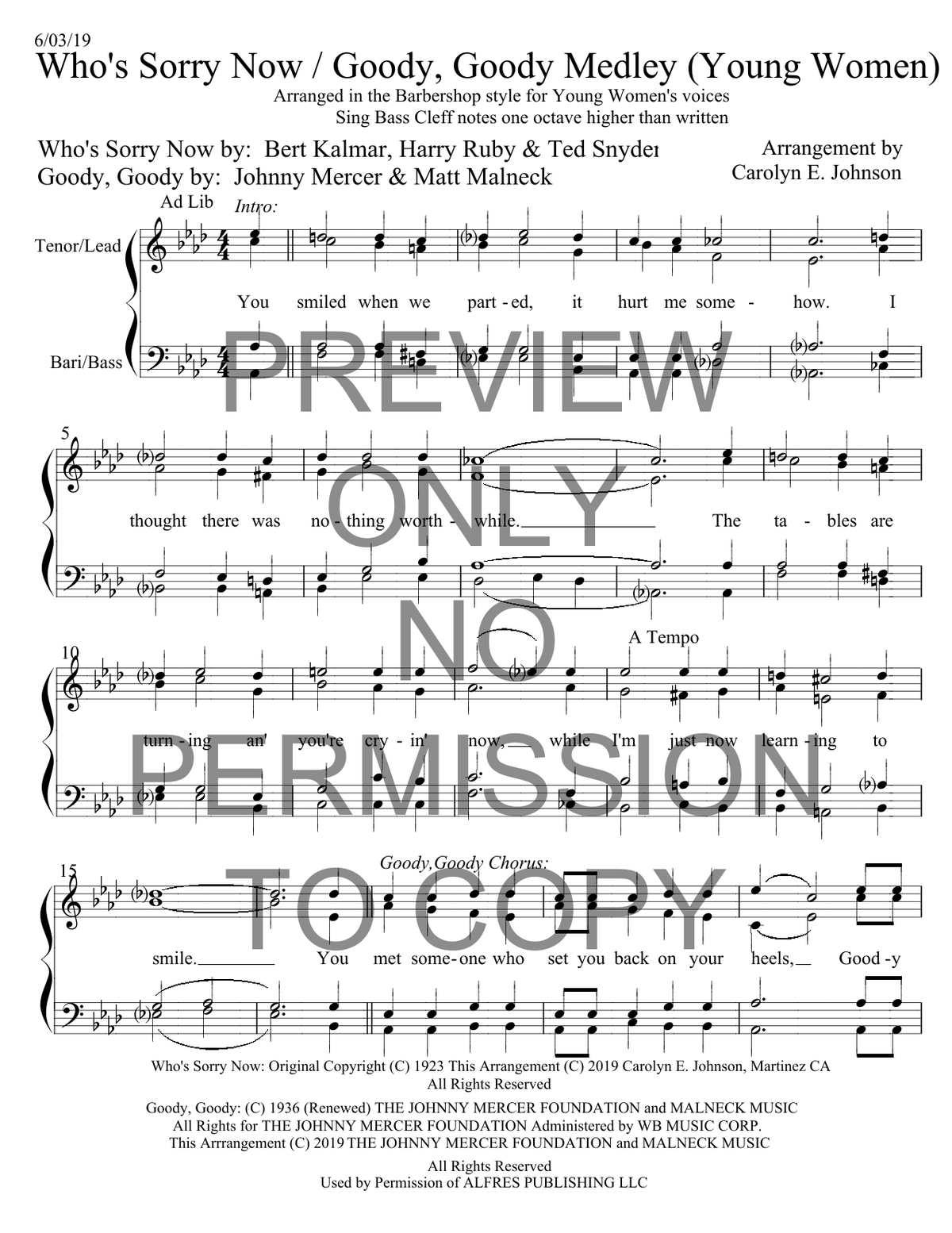YW - 351 Medley - Who's Sorry Now And Goody, Goody — sheet music preview, arranged by Carolyn Johnson