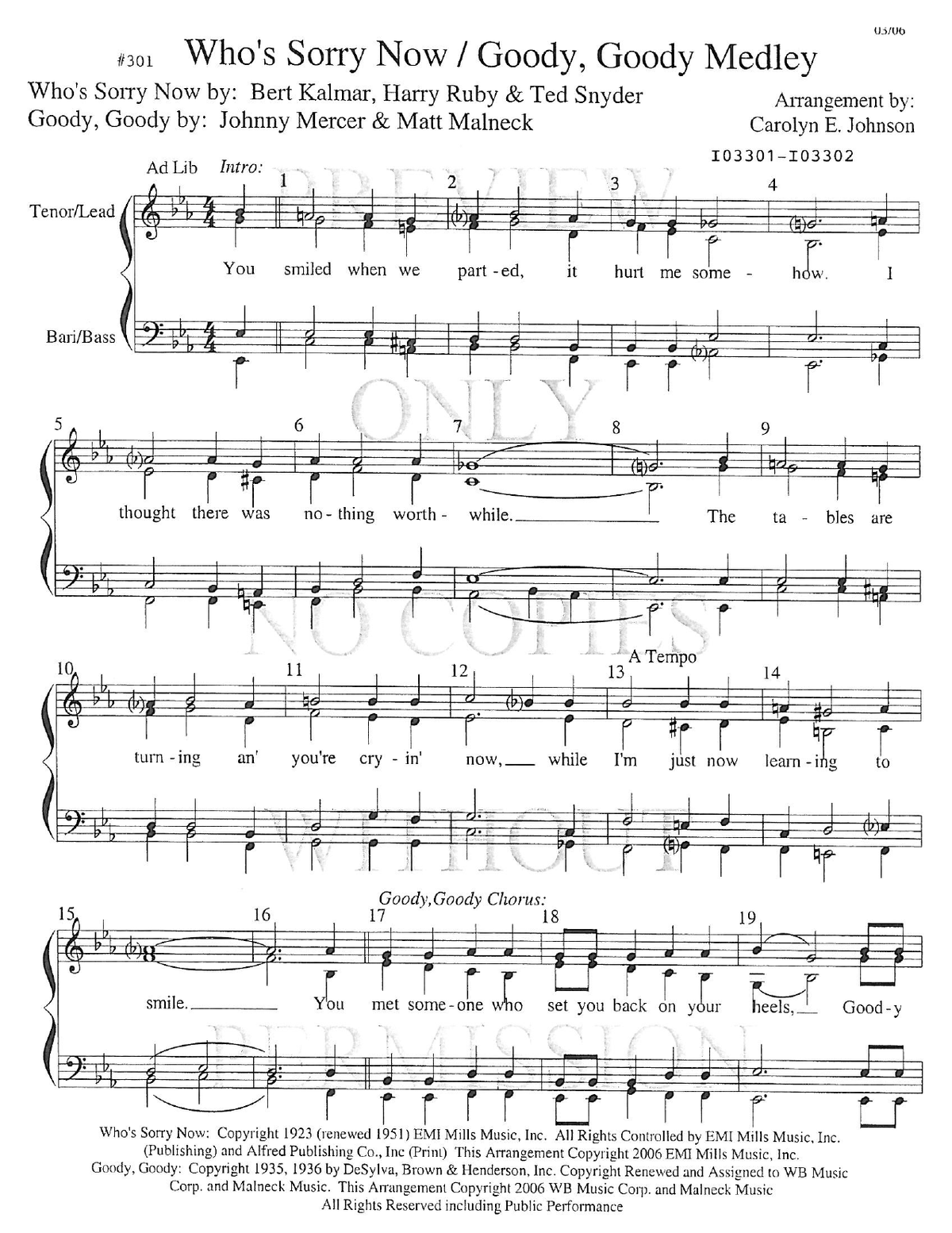 301 Medley - Who's Sorry Now And Goody, Goody — sheet music preview, arranged by Carolyn Johnson